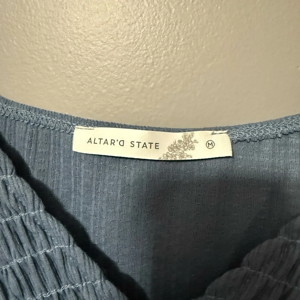 Altar'd State Dusty Blue Smocked Peplum Women's Top - Picture 2 of 3